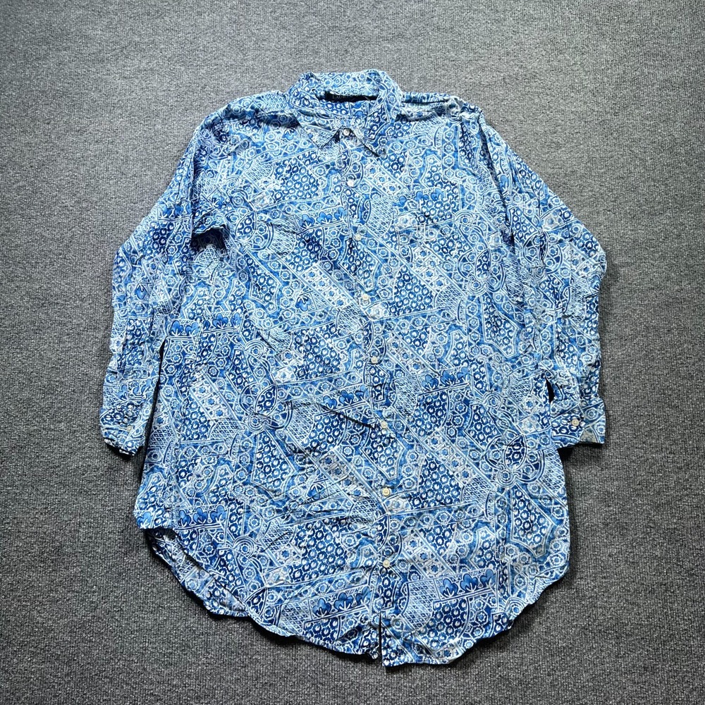 Lauren Ralph Lauren Shirt Womens Large Blue White Geometric Button Front Summer